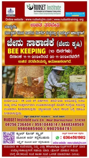 ರುಡ್ ಸೆಟ್ ಸಂಸ್ಥೆಯಿಂದ ಜೇನು ಕೃಷಿ,ರಬ್ಬರ್ ಟ್ಯಾಪಿಂಗ್ ತರಬೇತಿ: ಆಸಕ್ತರು ಕೂಡಲೇ ಅರ್ಜಿ ಸಲ್ಲಿಸಿ